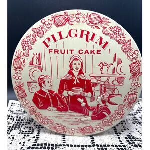 Vintage Embossed Tin Litho Pilgrim Fruitcake Tin Christmas or Thanksgiving Decor